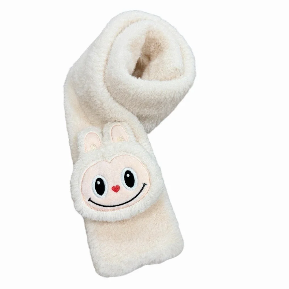 Cute Plush Bunny Face Faux Fur Scarf Cream Winter Neck Warmer Soft Cozy 32